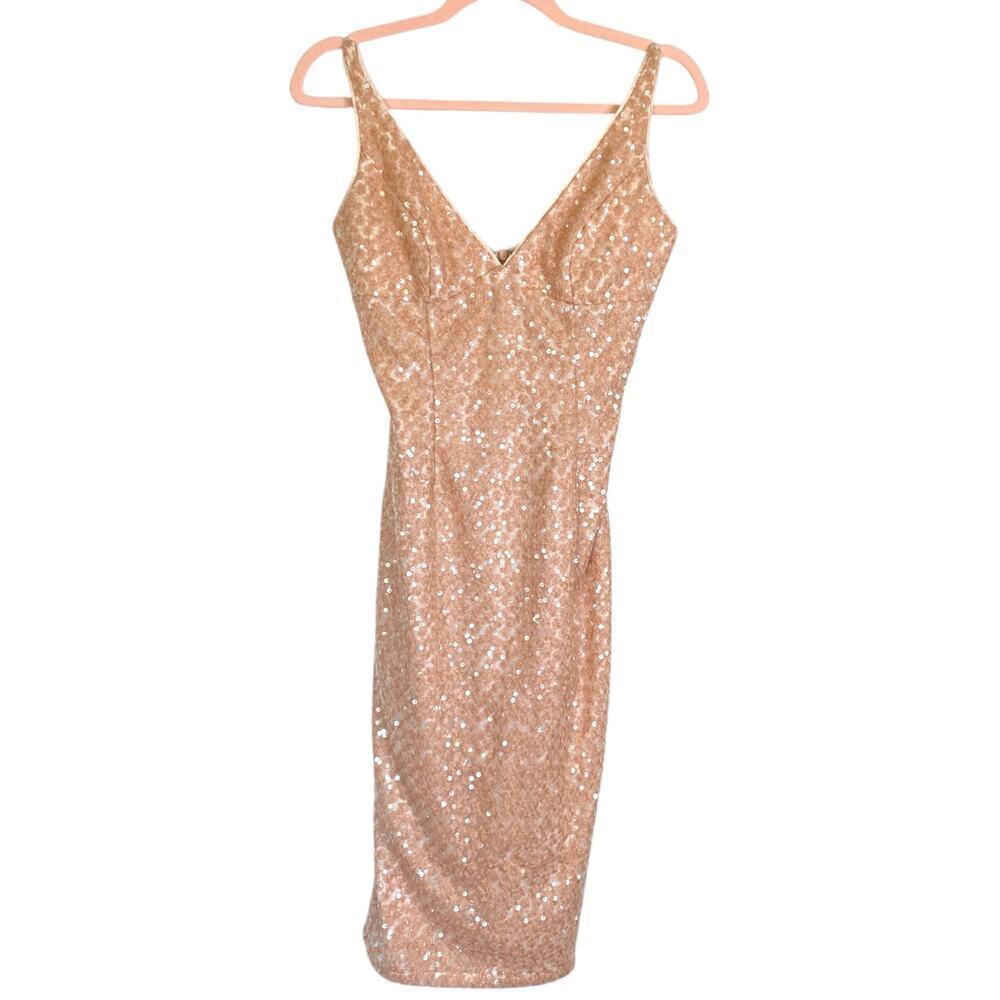 MILLY of New York Pink Peach Sequin Dress V Neck Size 2 Glitzy 1950s Retro Sexy